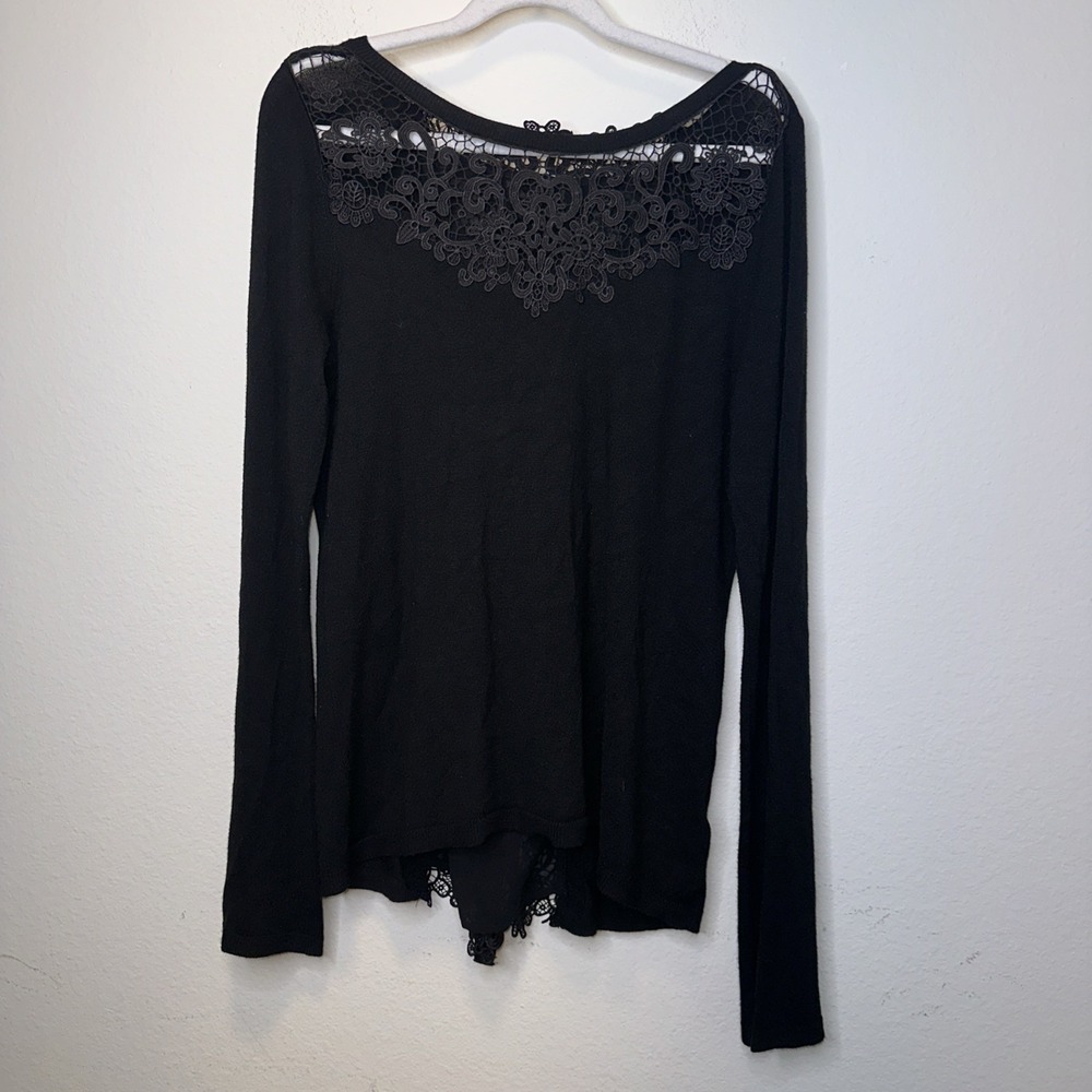 Womens Black Long Sleeve Crochet Neck Line Bow‎ Back Whimsigoth  WHBM  Sz Med